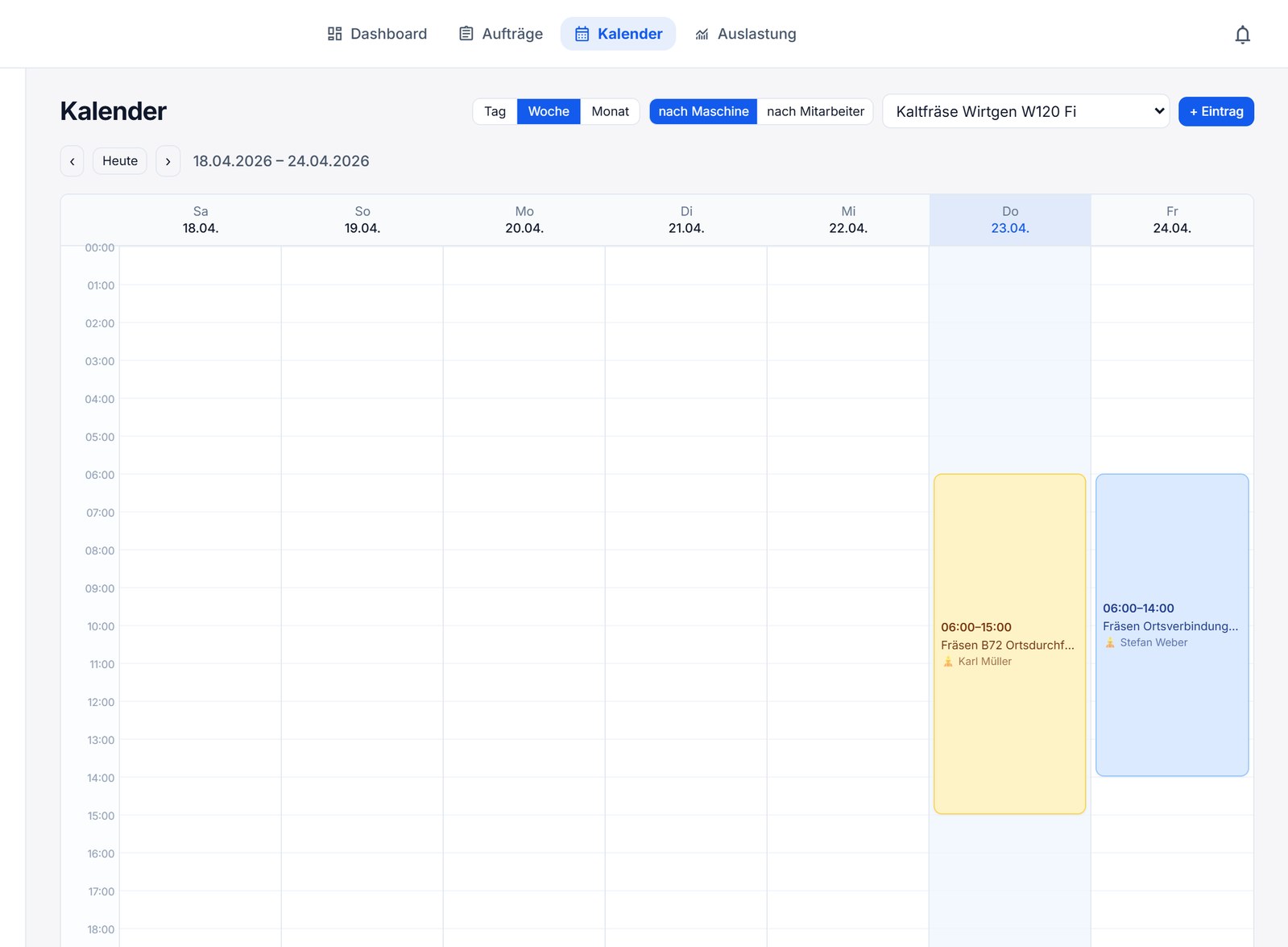 RoadPartner Dispo-Tool: Wochenkalender mit Maschinen-Einsätzen für Straßenbau-Dienstleister