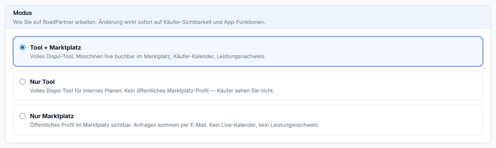 Der Abschnitt Modus im Anbieter-Profil mit den drei Optionen Tool plus Marktplatz, Nur Tool und Nur Marktplatz