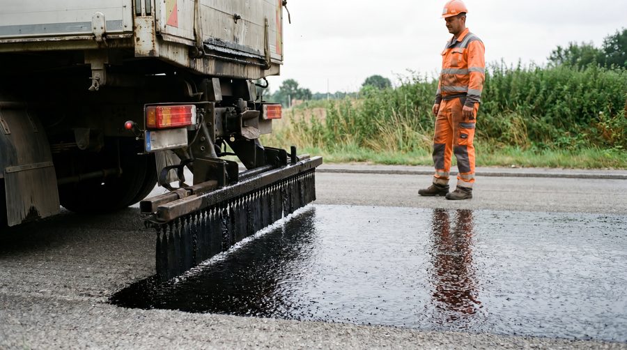 Bitumenemulsion wird im Straßenbau aufgespritzt